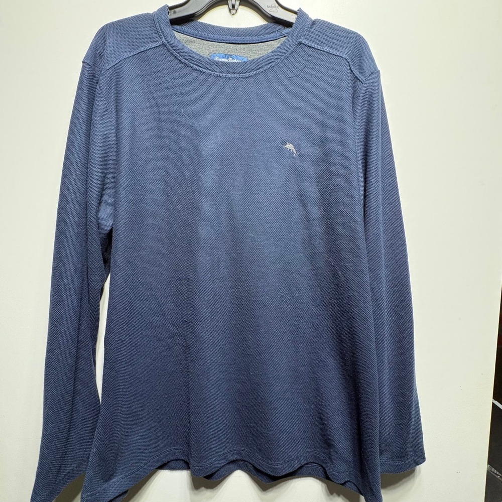 Tommy Bahama Shirt Mens Large Blue Long Sleeve Textured Waffle Knit Marlin Logo